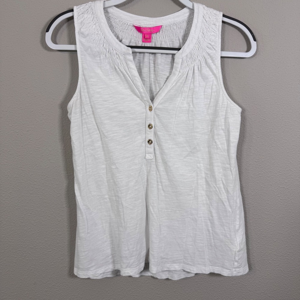 Lilly Pulitzer Women's White Essie Cotton Smocked Sleeveless Henley Tank Top XS